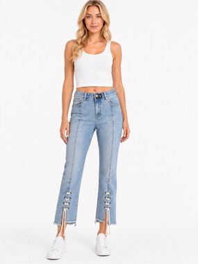 A.Z.I. Women's Light Blue Straight-Leg Jeans with Lace-Up Hem